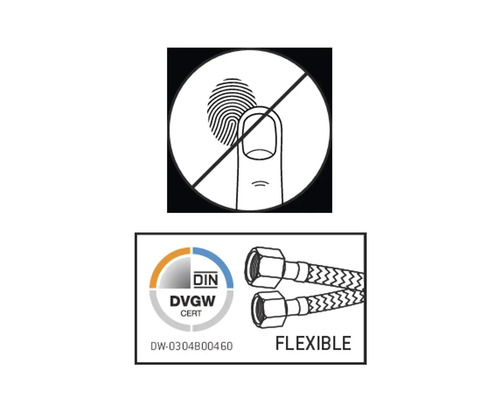 Symbool voor niet aanraken en DVGW-certificaat voor flexibele slangen