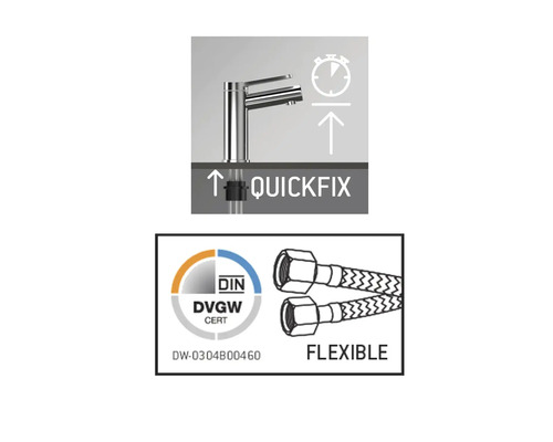 Snelmontagesymbool en DVGWCERT-keurmerk voor flexibele slangen