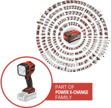 Einhell Power X-Change accusysteem met acculamp en diverse gereedschappen.