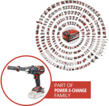 Einhell accuboormachine als onderdeel van de Power X-Change familie, weergegeven in een collage met andere apparaten en een accu
