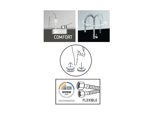 Comfort aanrechtkraan met draaibare uitloop, flexibele aansluitslangen en afvoergarnituur