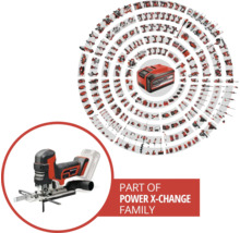 Overzicht van de Einhell Power X-Change familie met accuzaag en accu