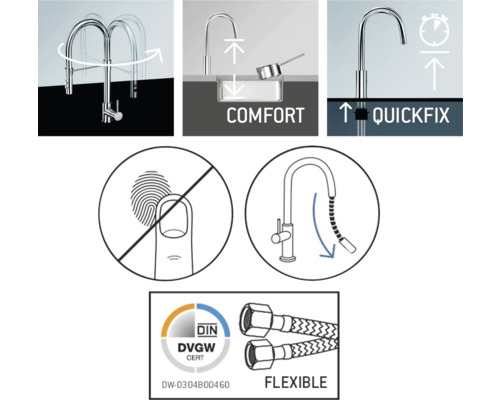 Productkenmerken van de keukenkraan: zwenkbereik, comfort, snelle montage, anti-vingerafdrukcoating, uittrekbare sproeier, flexibele aansluiting, DVGW-certificering