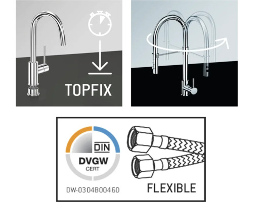 Kenmerken van een keukenkraan: Top-Fix-systeem, draaibaar, Deutsches Verein des Gas- und Wasserfaches gecertificeerd, flexibele aansluiting