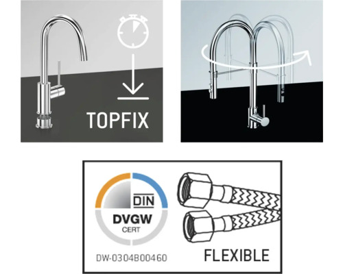 Productkenmerken: Snelle montage, draaibare kraan, DIN DVGW certificering, flexibele slangen