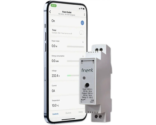 Smartphone met weergave van de frient Outlet-app naast de frient Outlet-energiemeter