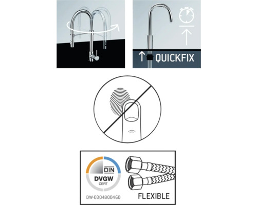 Productkenmerken: Draaibereik, snelle montage, anti-vingerafdruk, DVGW certificaat, flexibele slangen