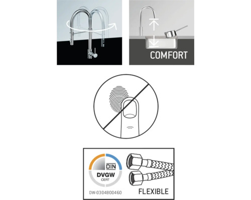 Productkenmerken keukenkraan: Zwenkbereik, comfortzone, geen vingerafdrukken, DVGW-certificaat, flexibele slangen
