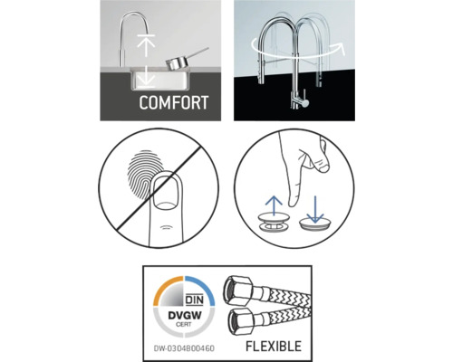 Comfort spoelbakmengkraan met zwenkbereik, anti-vingerafdrukcoating, flexibele aansluitslangen en DVGW-certificaat