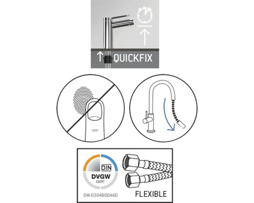 Snelmontagesysteem, vermijding van vingerafdrukken, uittrekbare sproeikop, DVGW-certificering en flexibele slangen.