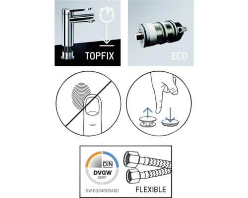 Productkenmerken: Topfix bevestigingssysteem, waterbesparende functie, anti-vingerafdrukcoating, excentrische ventieltechniek, DIN-DVGW-certificering, flexibele aansluitslangen