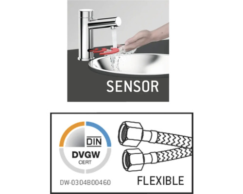 Sensorkraan met hand onder kraan en DIN DVGW certificaat en flexibele aansluitslangen.