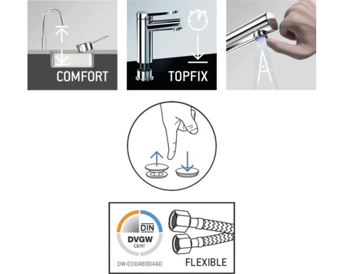 Productkenmerken van een waterkraan: Comfort, Topfix, installatie, DIN DVGW certificering en flexibele slangen