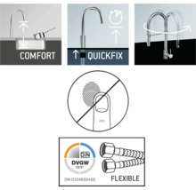 Productkenmerken: comfortzone, snelle bevestiging, zwenkbereik, anti-vingerafdrukcoating, Deutsches Institut für Normung Deutscher Verein des Gas- und Wasserfaches gecertificeerd, flexibele aansluiting