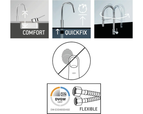 Productkenmerken: comfortzone, snelle bevestiging, zwenkbereik, anti-vingerafdrukcoating, Deutsches Institut für Normung Deutscher Verein des Gas- und Wasserfaches gecertificeerd, flexibele aansluiting