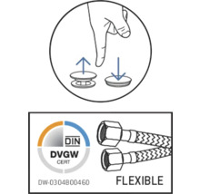 Bedieningsinstructie en DVGWCERT-keurmerk met flexibele aansluitslangen