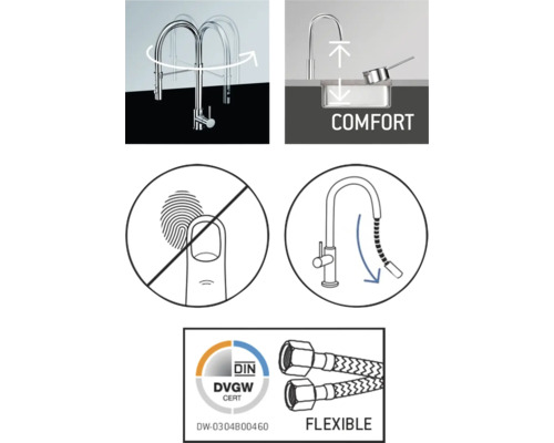 Kenmerken van een keukenkraan: draaibaar, comfort, anti-vingerafdruk, flexibele aansluitslangen, Duits certificaat