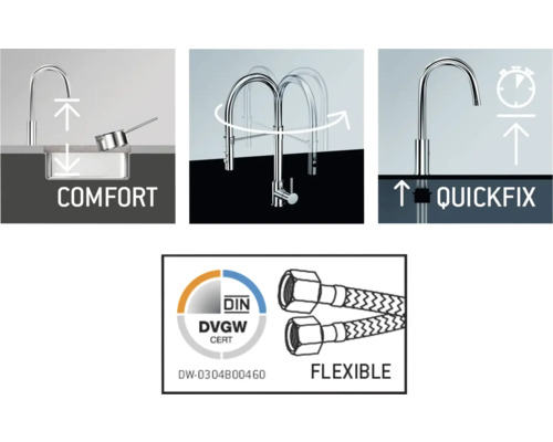 Comfort wastafelkraan met Quickfix functie en flexibele aansluitslangen