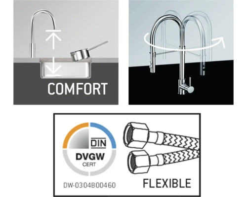 Comfort- en flexibiliteitskenmerken van een keukenkraan weergegeven.