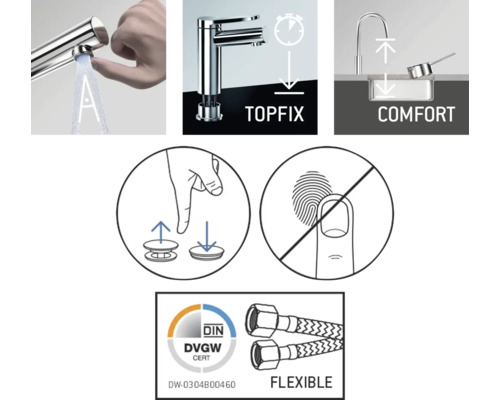 Productinformatie over een kraan: bediening, eenvoudige montage, comfort, onderhoudsinstructies, DVGWCert certificaat, flexibele slangen