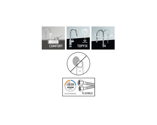 Productkenmerken: Comfort, Topfix, anti-vingerafdruk, DVGW certificaat, flexibele slangen