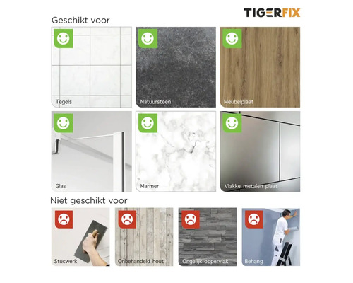 Geschikt voor tegels, natuursteen, meubelplaat, glas, marmer en vlakke metalen plaat, niet geschikt voor stucwerk, onbehandeld hout, ongelijk oppervlak en behang.