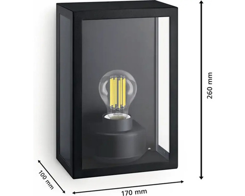 Zwarte buitenwandlamp met gloeilamp en maatdetails