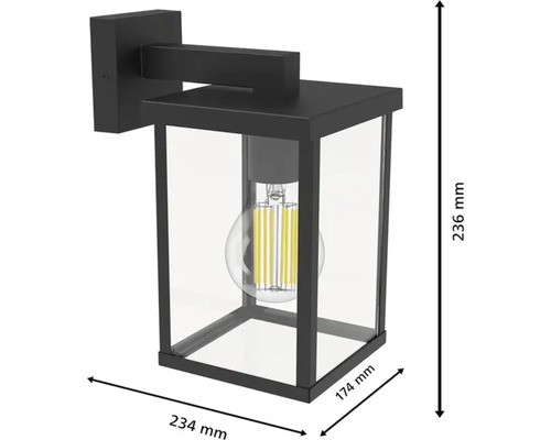 Zwarte buitenwandlamp met glazen inzet en afmetingen.