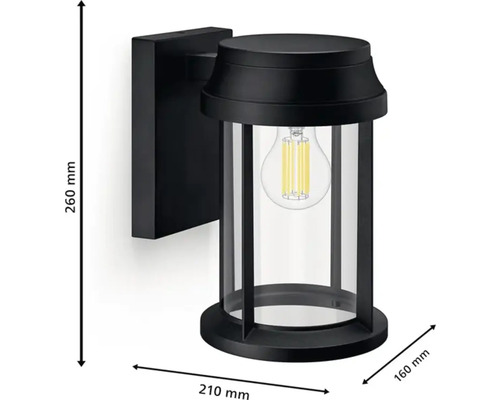 Zwarte buitenwandlamp met helder glas en afmetingen