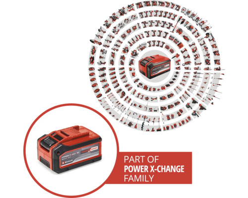 Einhell Power X-Change accu met verschillende gereedschappen uit de Power X-Change familie