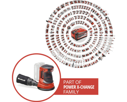 Einhell excentrische schuurmachine en Power X-Change accu met andere gereedschappen van de Power X-Change familie