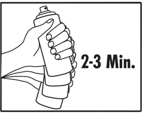 Een hand schudt een spuitbus gedurende twee tot drie minuten.