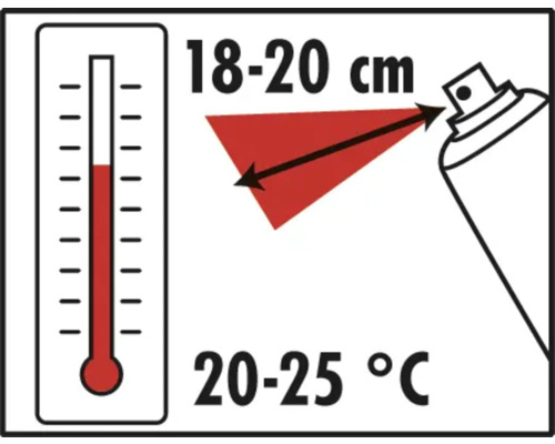 Symbool voor de verwerkingstemperatuur en spuitafstand voor verfspuiten.