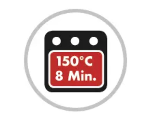 Symbool voor oven op 150 graden Celsius gedurende 8 minuten