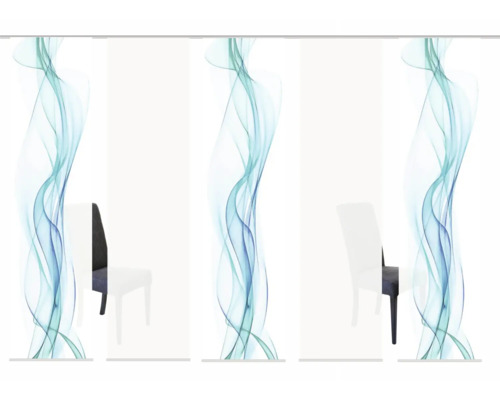 Schuifgordijnen met blauw en groen golfpatroon in een ruimte met stoelen