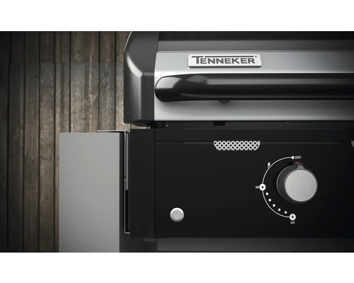 Detailweergave van de Tenneker gasbarbecue met bedieningspaneel en temperatuurregelaar