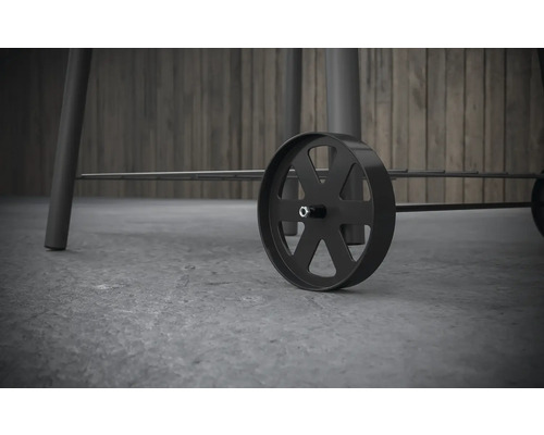 Detailweergave van een grillwagen met wielen voor eenvoudig transport