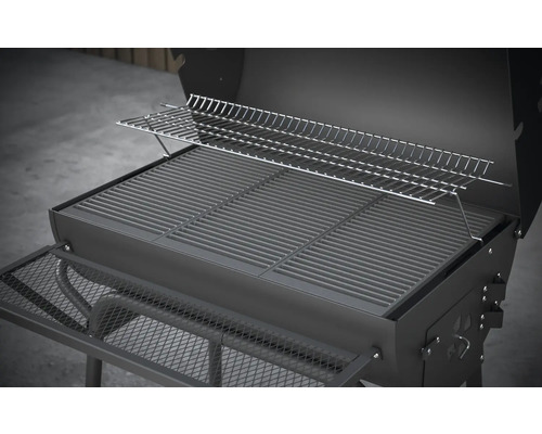 Open houtskoolbarbecue met warmhoudrek en opbergvak