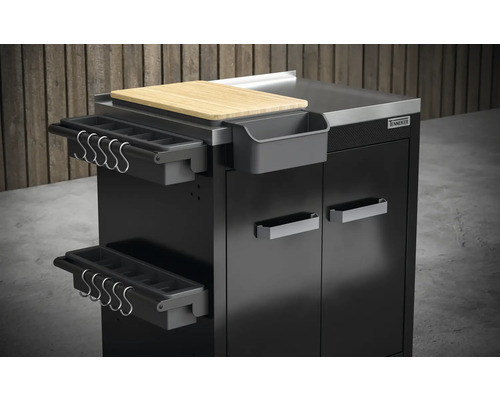 Zwarte barbecue tafel met snijplank en opbergmogelijkheden