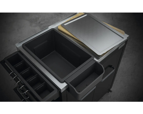 Barbecue trolley met snijplank, roestvrijstalen plaat, opbergbak en hakenlijst