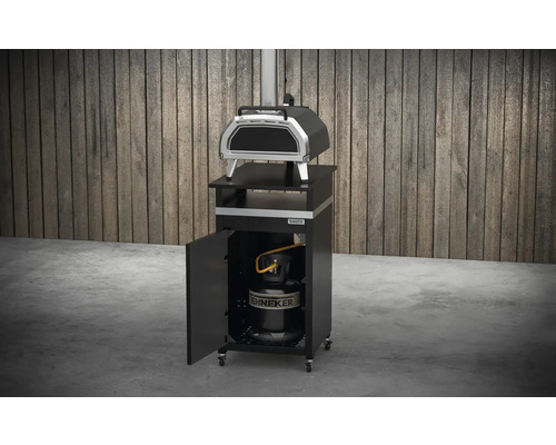 Gas pizzaoven op wagen met open deur en gasfles
