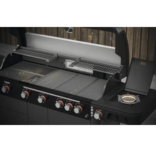 Gasbarbecue met grillroosters, warmhoudrek, zijbrander en bedieningsknoppen