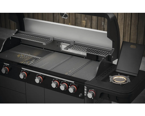 Gasbarbecue met grillroosters, warmhoudrek, zijbrander en bedieningsknoppen
