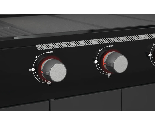 Close-up van een gasbarbecue met draaiknoppen voor temperatuurregeling
