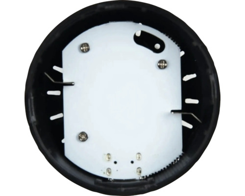 Binnenaanzicht van een ronde ledlamp met witte afdekking en zwart frame.