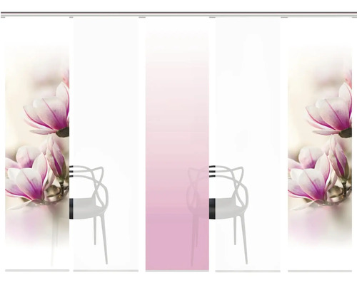 Schuifgordijnen met magnolia motief en roze kleurverloop