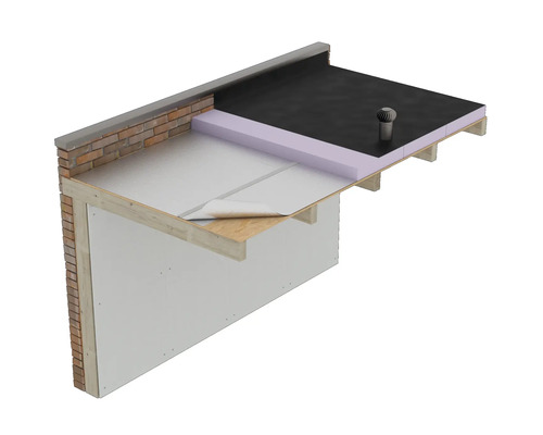 Dwarsdoorsnede van een plat dakconstructie met isolatie, afdichting en ontluchting