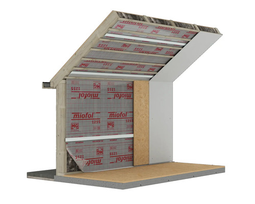 Dak- en wandconstructie met isolatiemateriaal en houten frame