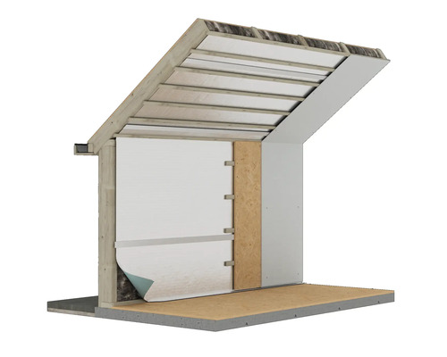 Illustratie van een dak- en wandconstructie met isolatie