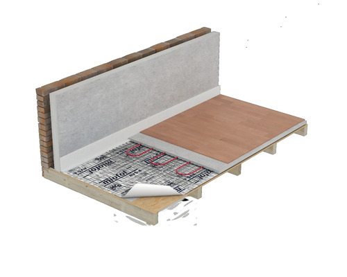 Constructie van vloerverwarming met isolatiemateriaal en verwarmingselementen